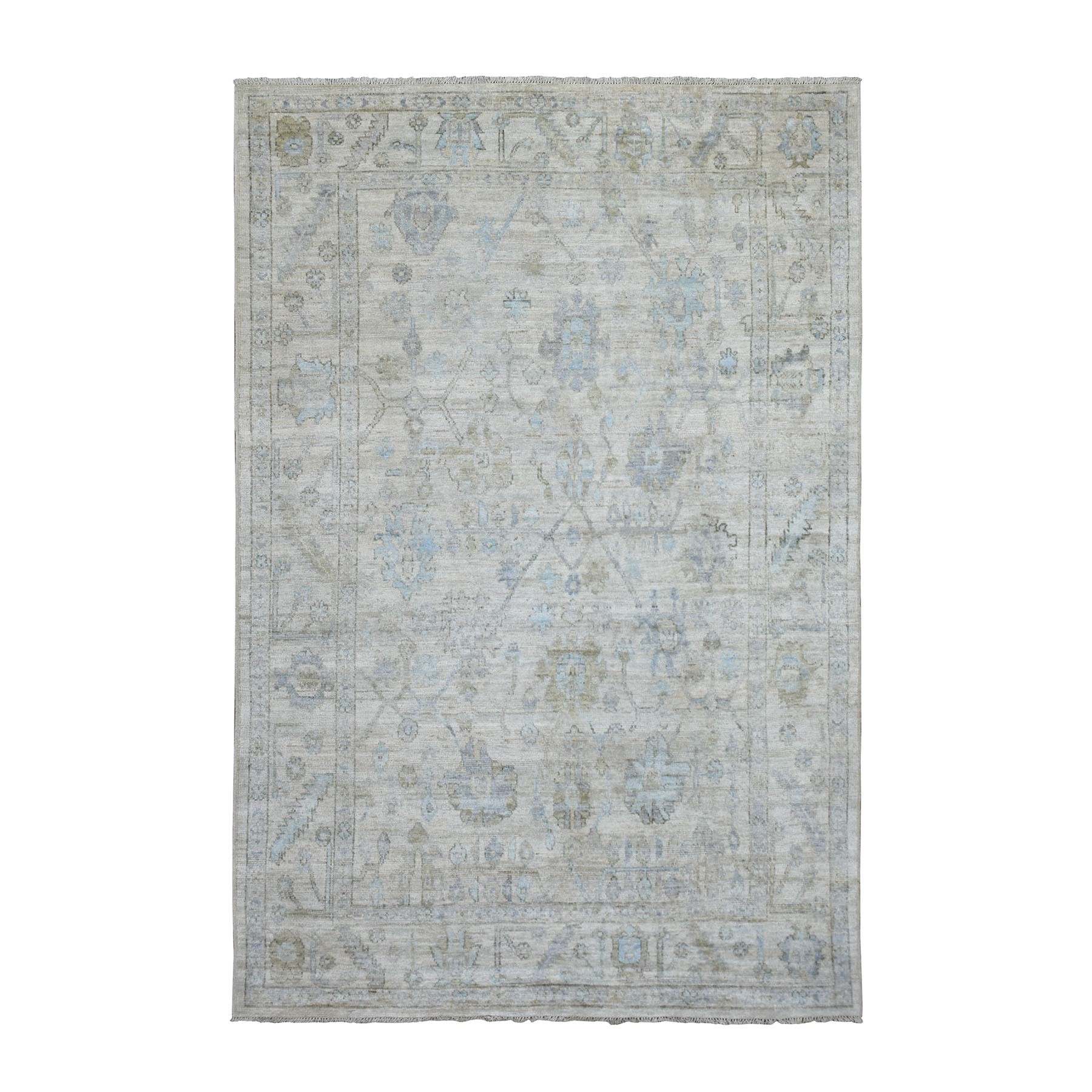 6'x9'1" Hand Knotted Beige Angora Oushak with Soft Colors Afghan Wool Oriental Rug 
